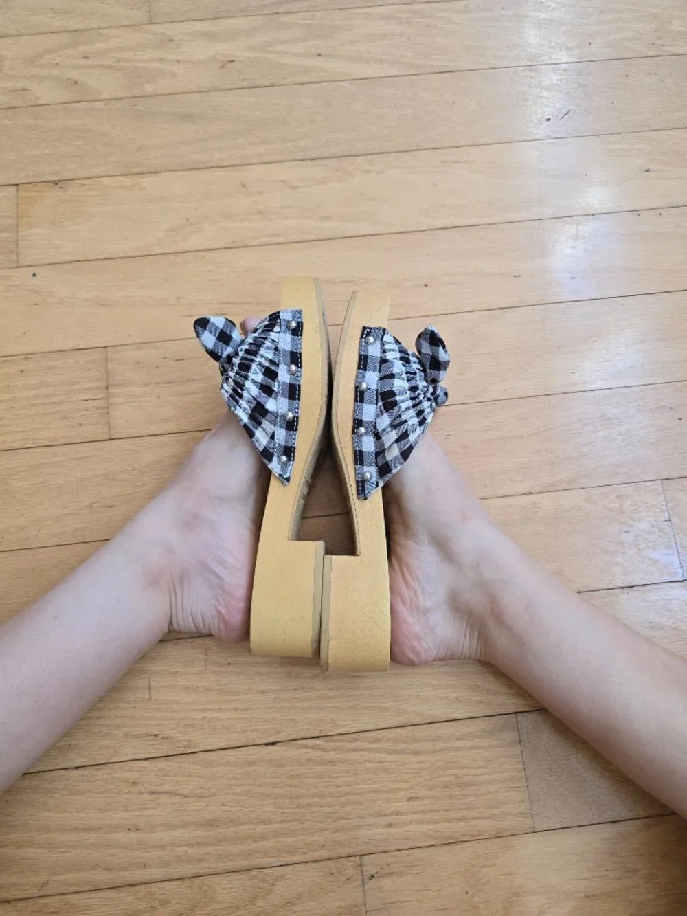 Portland Boot Company | Callie gingham black white bow platform sandals | WMS 8
